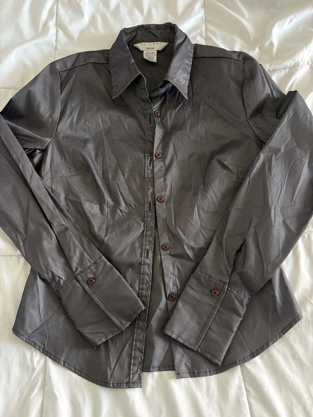 At Last New York Iridescent Gray Metallic Button Up Blouse Size Medium